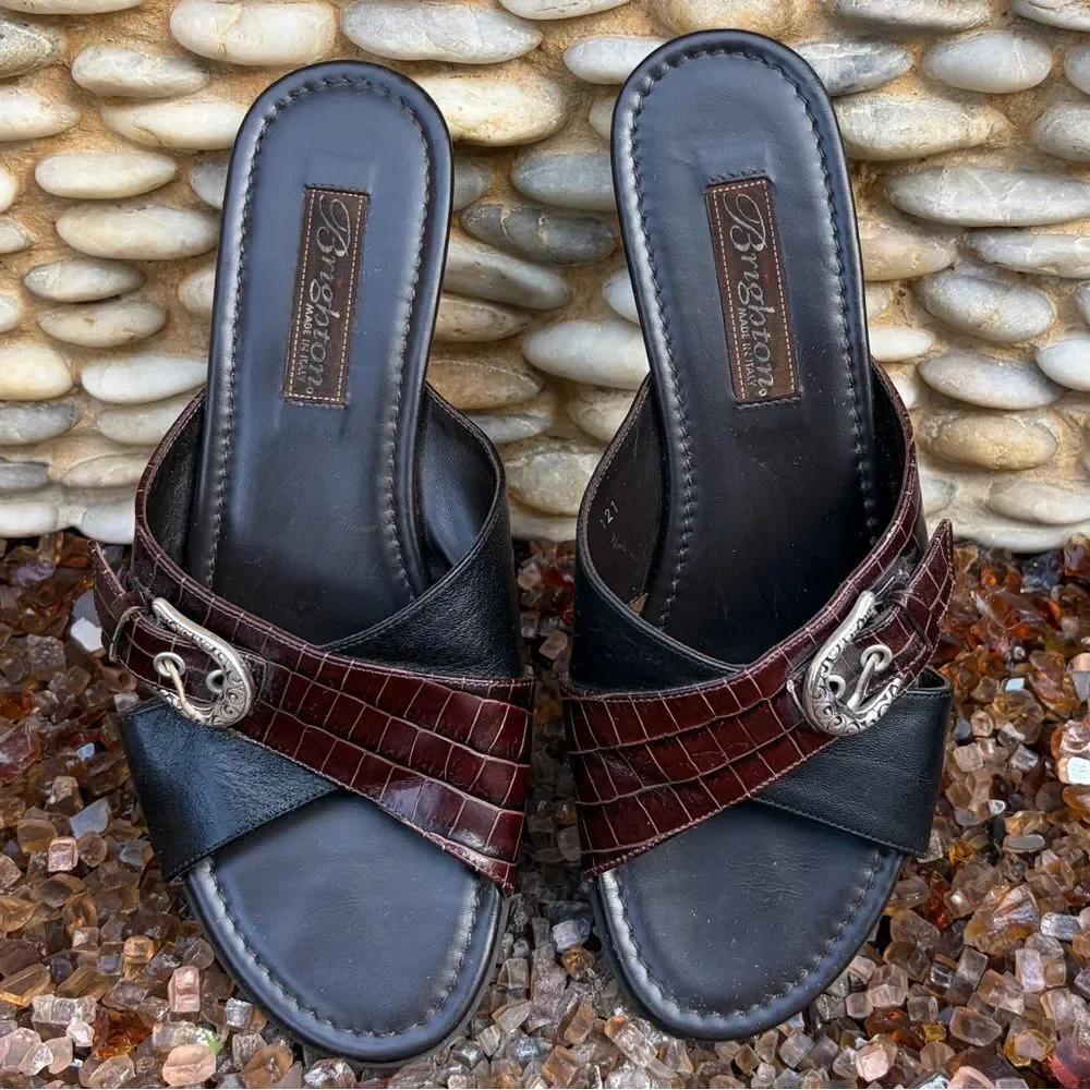 Brighton Lorna Black/Brown Silver Buckle Slip-On Sandales/Loafers Size 7 Boho